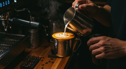 Naklejka premium Barista pouring latte art, steaming milk pitcher, espresso machine, dark coffee shop ambiance, rich brown tones, close-up shot, skilled hands, artisanal coffee making, moody lighting, vintage wooden c