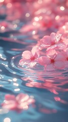 Pink cherry blossoms floating on reflective water surface