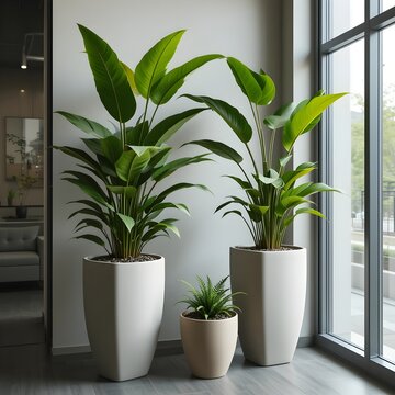 Un conjunto de maceteros de interior modernos con exuberantes plantas verdes colocadas cerca de una ventana grande

