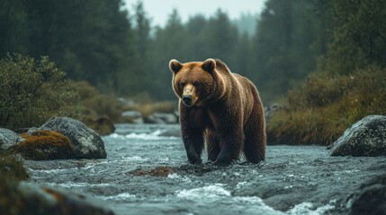 Obraz premium Grizzly bear wading forest river, misty background