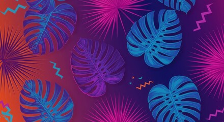 Vibrant tropical leaves pattern, neon colors, monstera leaves, palm fronds, electric blue, hot pink, vivid orange, deep purple background, botanical illustration, retro 80s aesthetic, synthwave style,