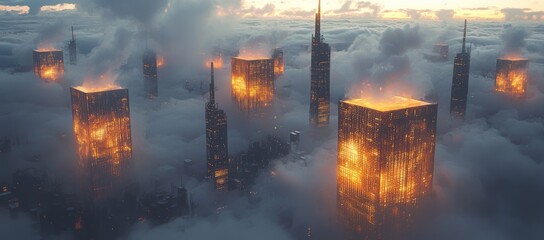 Glowing futuristic city above clouds at sunset. Concept art
