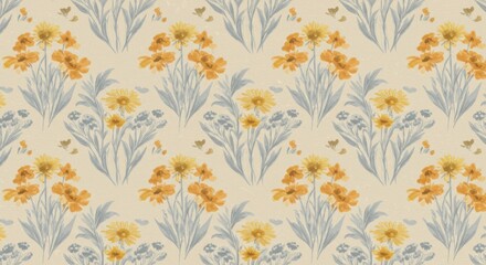 Vintage floral pattern, sunflowers, golden yellow petals, gray leaves, seamless repeat, botanical illustration, soft pastel background, retro textile design, hand-drawn style, nature-inspired, whimsic