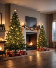 Christmas tree placed in front of a roaring fireplace, warm glow, holiday cheer