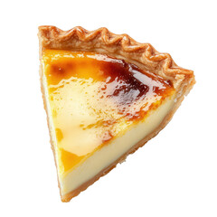 a slice of creamy custard tart with a golden-brown caramelized top. showcasing a flaky crust and smooth filling. perfect for dessert lovers