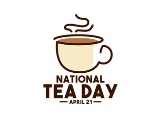 National Tea Day. April 21. A cup hot tea. Line. Outline. Doodle. Poster, banner, card, background.