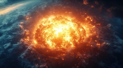 Obraz premium Fiery explosion amidst dark clouds, viewed from above.