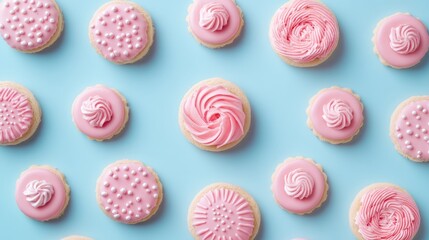 Pink frosted cupcakes with decorative toppings arranged on a light blue background Copy Space