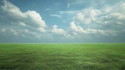 Fototapeta premium Expansive green field under a partly cloudy sky with plenty of Copy Space for text placement