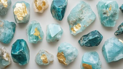 Aesthetic arrangement of aquamarine gemstones with gold inclusions on a light background Copy Space