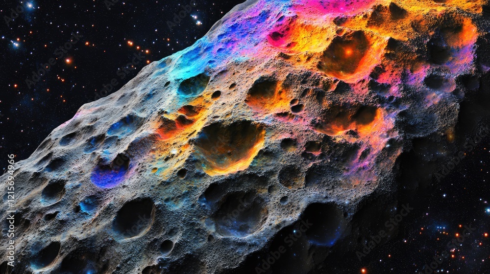 Wall mural colorful asteroid surface in outer space with textured craters and stars in the background copy spac