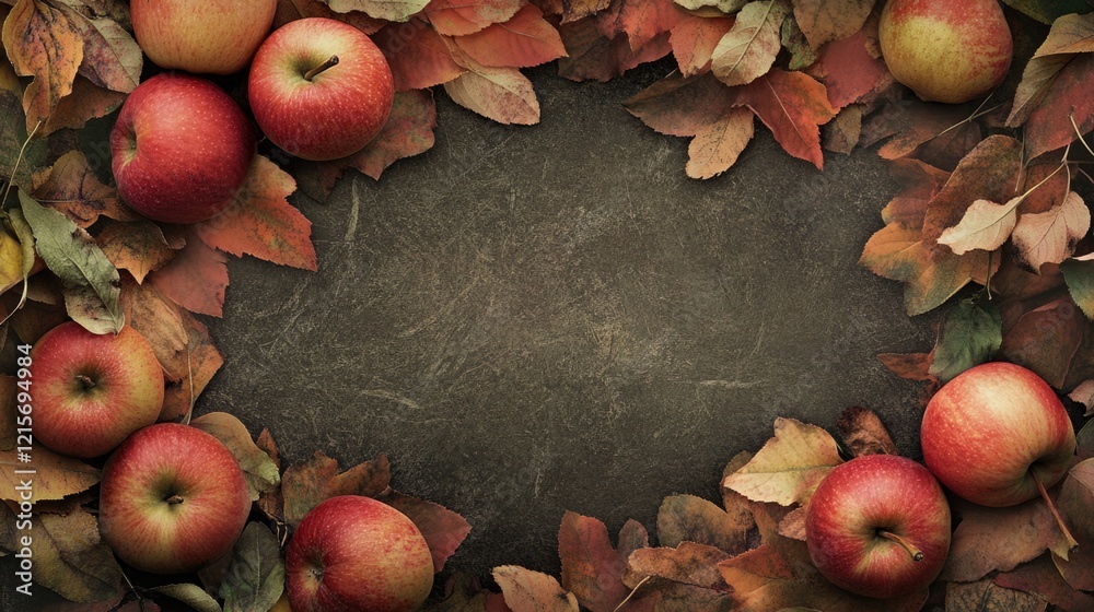 Poster red apples surrounded by colorful autumn leaves on a textured dark background with ample copy space 