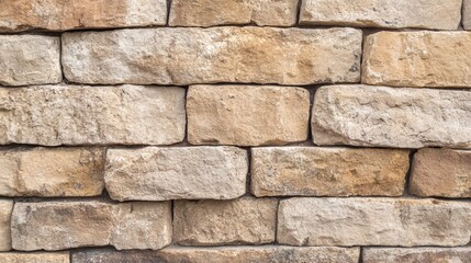Obraz premium Textured stone wall with rectangular blocks in various shades of beige and brown featuring Copy Space for design purposes