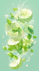 Green Apples and Mint Leaves Splashing in Water