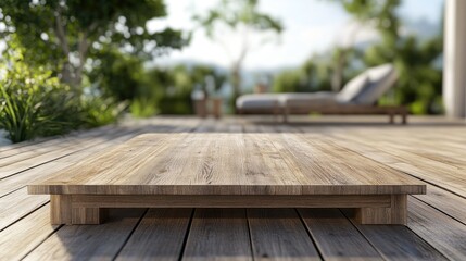 Wooden platform on a deck with blurred outdoor lounge area and greenery in the background Copy Space