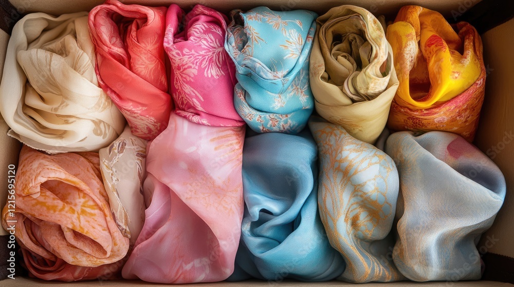 Poster colorful silk scarves neatly organized in a box displaying various patterns and textures with copy s