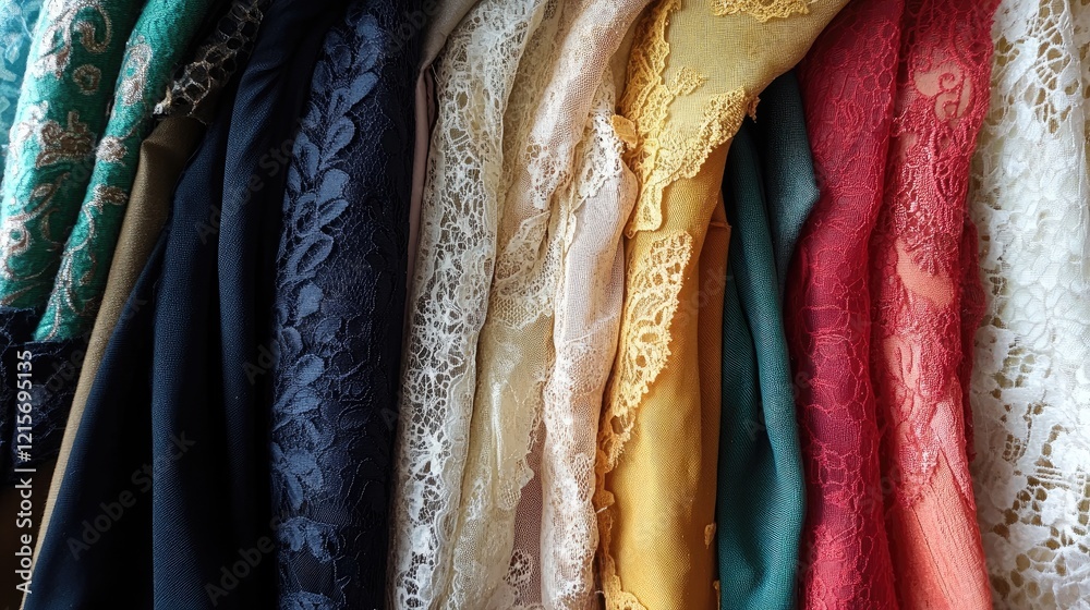 Poster colorful assortment of lace fabrics arranged in vertical display with intricate patterns and texture