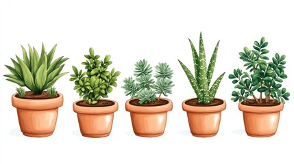 Illustration of five different types of green plants in terracotta pots with multiple shades of foliage and Copy Space for text placement