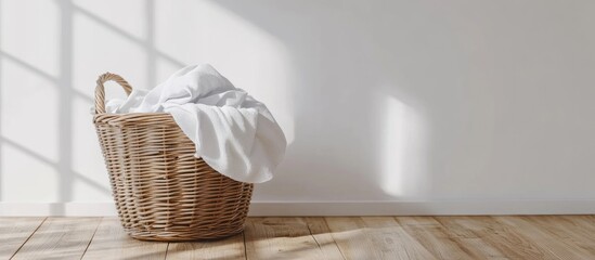 Woven laundry basket with white blankets in bright room with wooden floor and sunlight casting shadows Copy Space