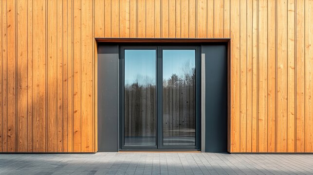 Modern entrance with double glass doors framed by wooden wall cladding and gray accents Copy Space
