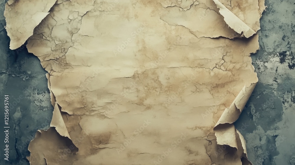 Poster aged textured paper background with curled edges on a distressed wall with copy space for text or de