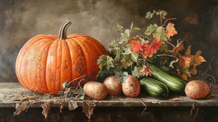 Still life composition featuring a large pumpkin, potatoes, zucchinis, and autumn leaves on a wooden table against a dark background with Copy Space.