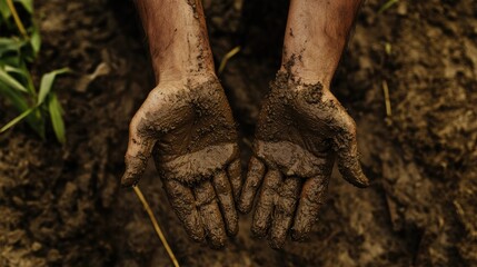 Hands covered in dark soil showing clean palms, depicting agricultural work with Copy Space for text placement.
