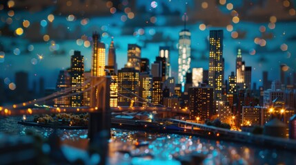 New York City skyline with glowing skyscrapers, Times Square neon lights in the distance, a starry sky, and the Brooklyn Bridge silhouette in the foreground.