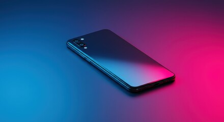 Modern smartphone, sleek design, metallic finish, gradient blue to pink lighting, dramatic studio lighting, product photography, high contrast, futuristic, vibrant colors, glossy surface, tech gadget,