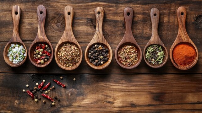 Wooden spoons filled with various spices arranged on a wooden surface with copy space for text
