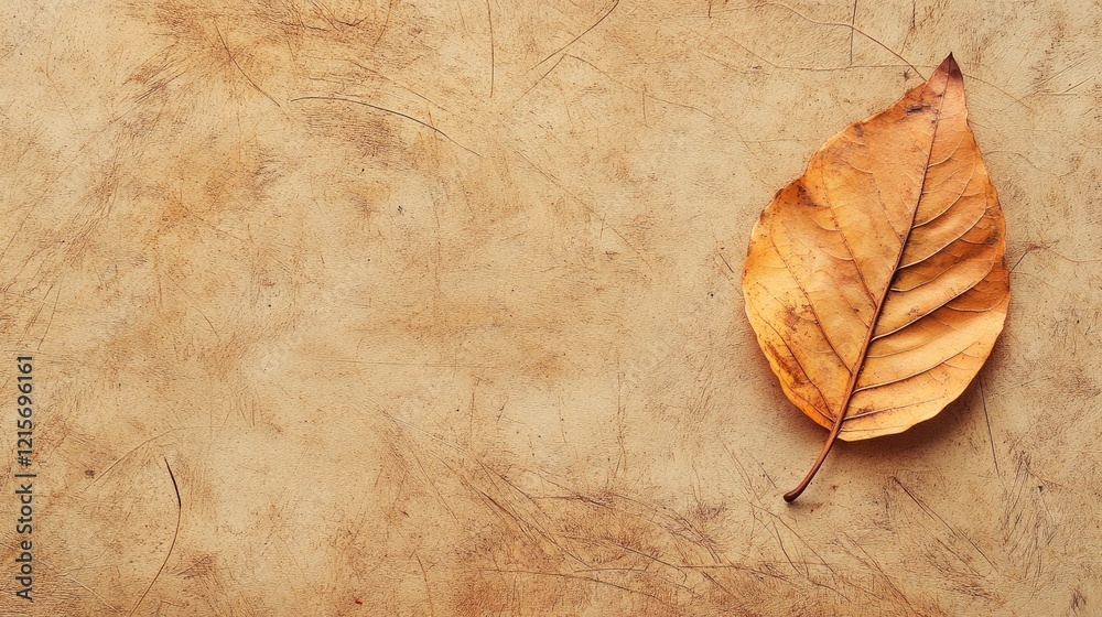 Poster dry autumn leaf on a textured beige background with copy space for text or design elements