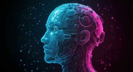 Futuristic AI head profile, glowing neon blue and pink, holographic, translucent, cybernetic details, digital particles, stars, cosmic background, technological, sci-fi aesthetic, intricate circuit pa
