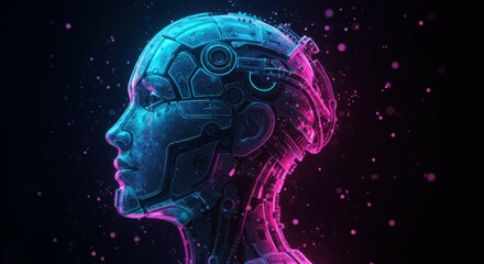 Futuristic AI head profile, glowing neon blue and pink, holographic, translucent, cybernetic details, digital particles, stars, cosmic background, technological, sci-fi aesthetic, intricate circuit pa