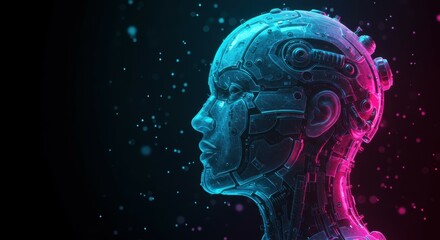 Futuristic AI head profile, glowing neon blue and pink, holographic, translucent, cybernetic details, digital particles, stars, cosmic background, technological, sci-fi aesthetic, intricate circuit pa