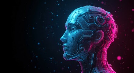 Futuristic AI head profile, glowing neon blue and pink, holographic, translucent, cybernetic details, digital particles, stars, cosmic background, technological, sci-fi aesthetic, intricate circuit pa