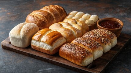 Assorted Freshly Baked Breads on Wooden Board with Copy Space for Text