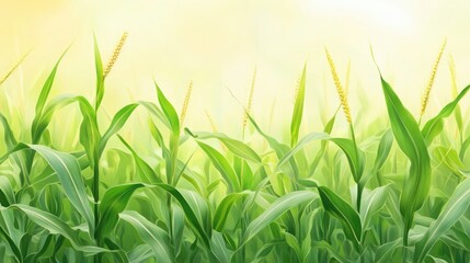 Obraz premium Illustration of green corn plants with yellow tassels in a bright field, soft light background, suitable for agricultural themes, Copy Space.