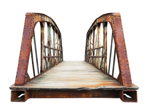 a weathered. rusty metal bridge with an arched design. featuring a wooden walkway the bridge's aged appearance suggests it may be unused or in need of repair. serving as a reminder of industrial histo