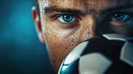 Close-up portrait of a young male soccer player holding a ball with intense focus and determination, displaying sweat and emotion, Copy Space
