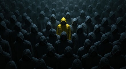 Obraz premium Yellow figure standing out, sea of identical black figures, contrast, individuality, uniqueness, leadership, dark background, monochromatic crowd, vibrant yellow, spotlight effect, conformity vs. nonc