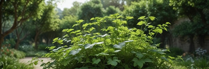 Obraz premium Cissus quadrangularis in a lush green garden with multiple stems, lush foliage , evergreen shrub, leafy green