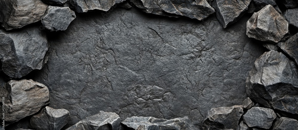 Poster textured dark stone background with jagged rocks framing a central copy space for design elements or