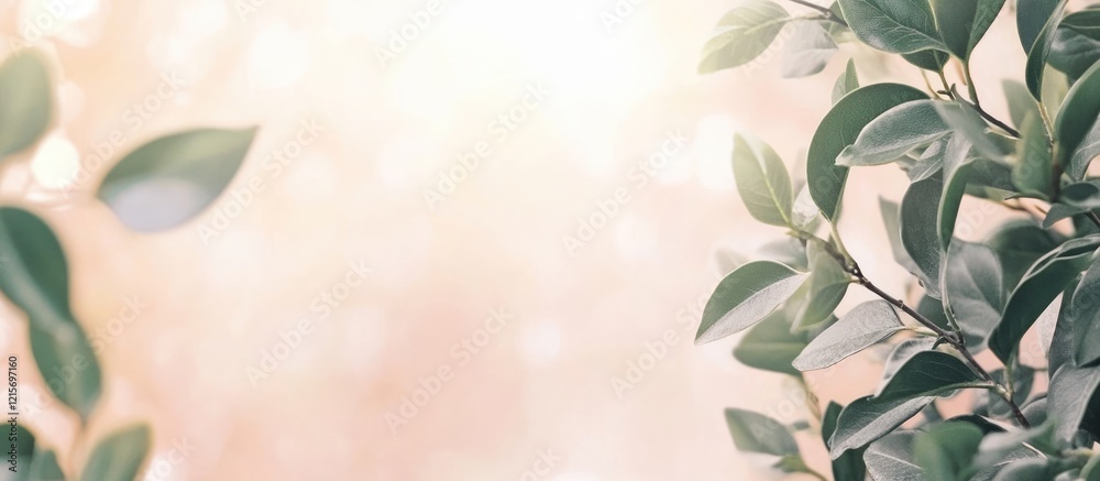 Poster soft focus background with leafy branches and warm light bokeh effect providing ample copy space for