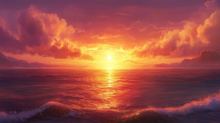 Fototapeta premium Serene sunset over a tranquil ocean with vibrant clouds reflecting warm hues, creating a peaceful atmosphere