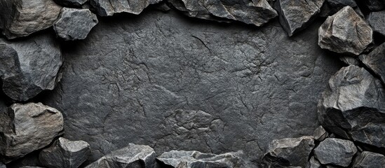 Textured dark stone background with jagged rocks framing a central copy space for design elements or text placement.