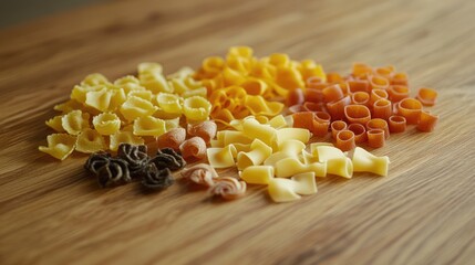 Variety of Raw Uncooked Pasta Shapes Arranged on Wooden Surface with Copy Space