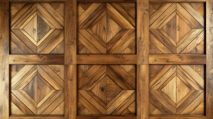 Intricately designed wooden wall panels with geometric patterns and natural wood textures Copy Space available