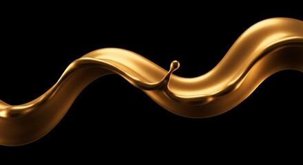 Golden fluid, liquid metal, flowing ribbon, abstract sculpture, smooth curves, shiny surface, metallic gold, black background, dynamic motion, fluid dynamics, 3D render, high contrast, sleek design, l