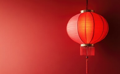 Obraz premium Red Chinese Lantern Hanging Against Red Wall