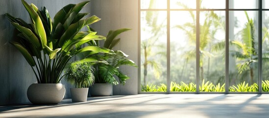 Modern indoor space with large windows, sunlight streaming in, and potted plants decorating the floor, Copy Space available.